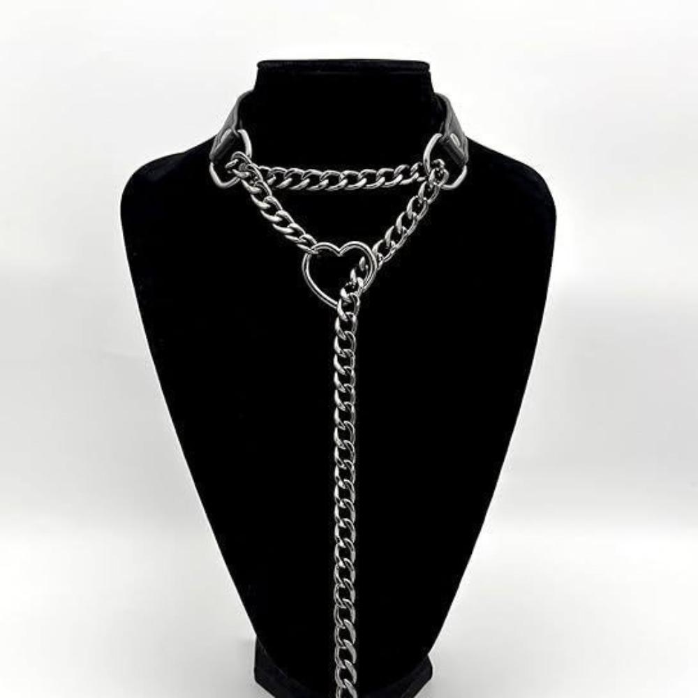 Heart Slip Chain Necklace Black Leather Choker Collar For Women Goth Accessories Punk Gothic Jewelry