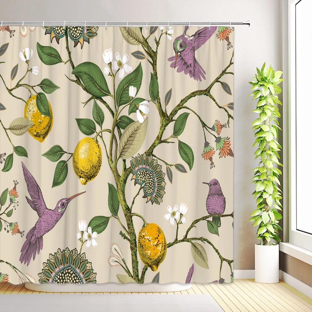 Boho Floral Shower Curtain Hummingbird Modern Abstract Flowers Plant Tropical Leaves Butterfly Bathroom Curtains with Hooks