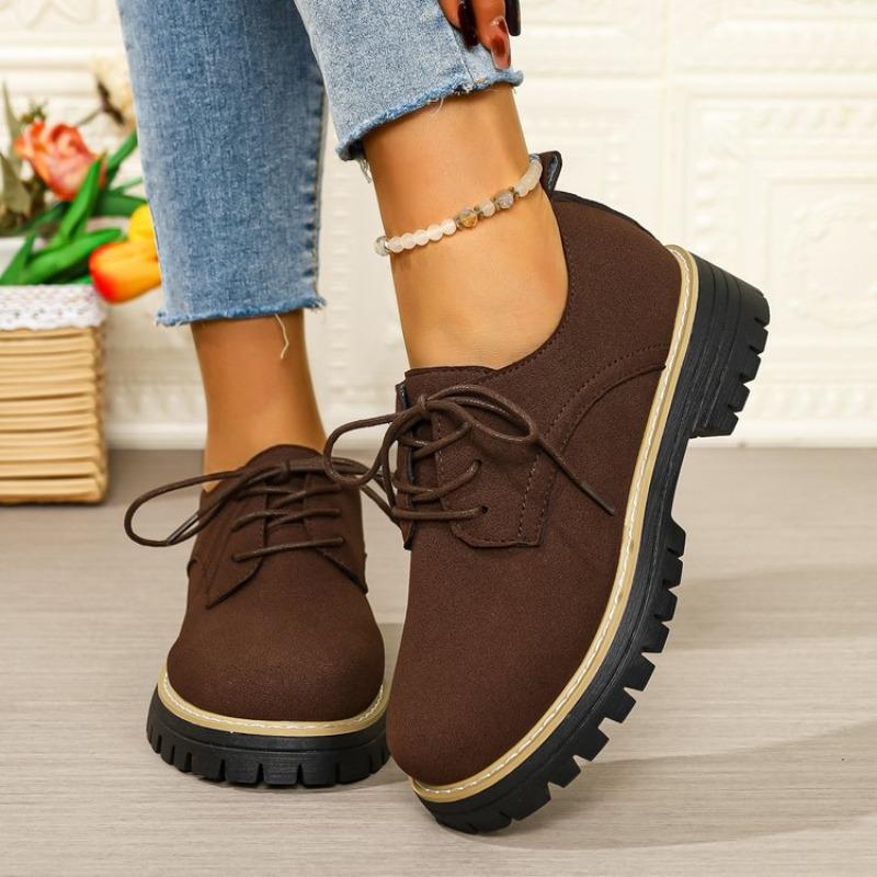 Women Plus Size Lace Up Mid Heel Loafers Round Toe British Style New Autumn Leather Shoes