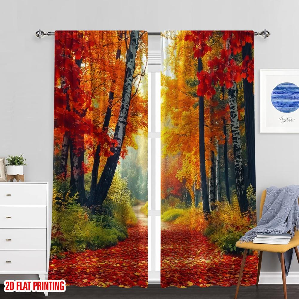 Set Of 2 Flat Printing Window Drapes Autumn Mountain Road Versatile Polyester Fabric Without Electricity Festive Backdrops Curtains Made