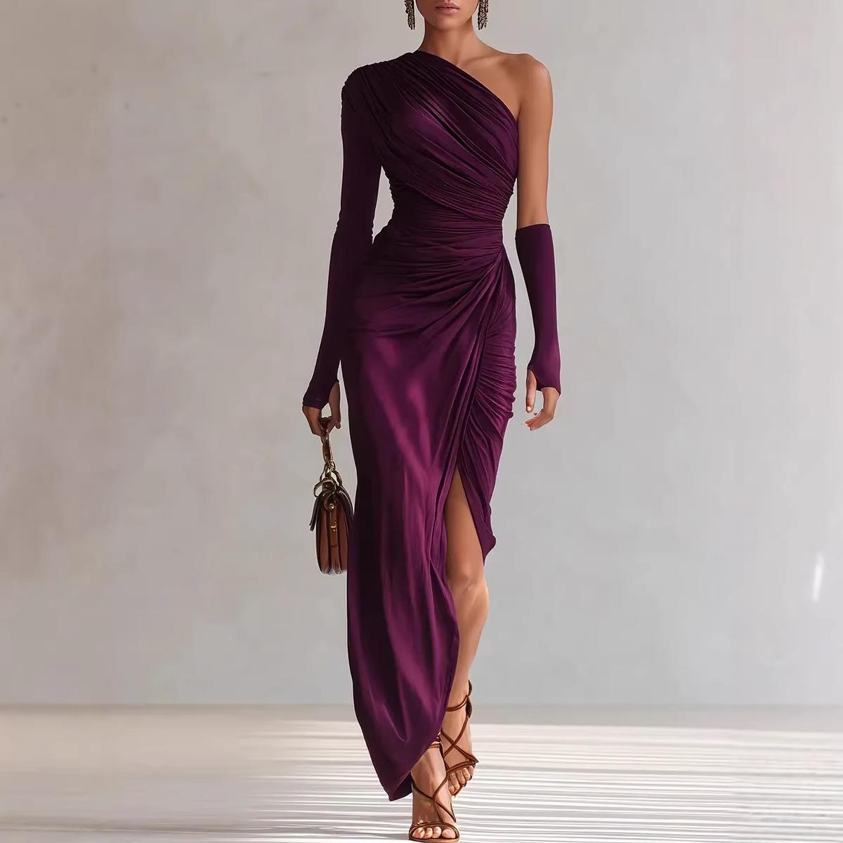 Women s One Shoulder Long Sleeve Ruched Maxi Dress Slim Fit High Waist Burgundy Party Dress S