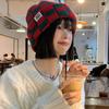 Checkerboard Plaid Knitted Hat For Women Autumn And Winter Korean Style Wool Hat Japanese Style Face-Enhancing Small Hat
