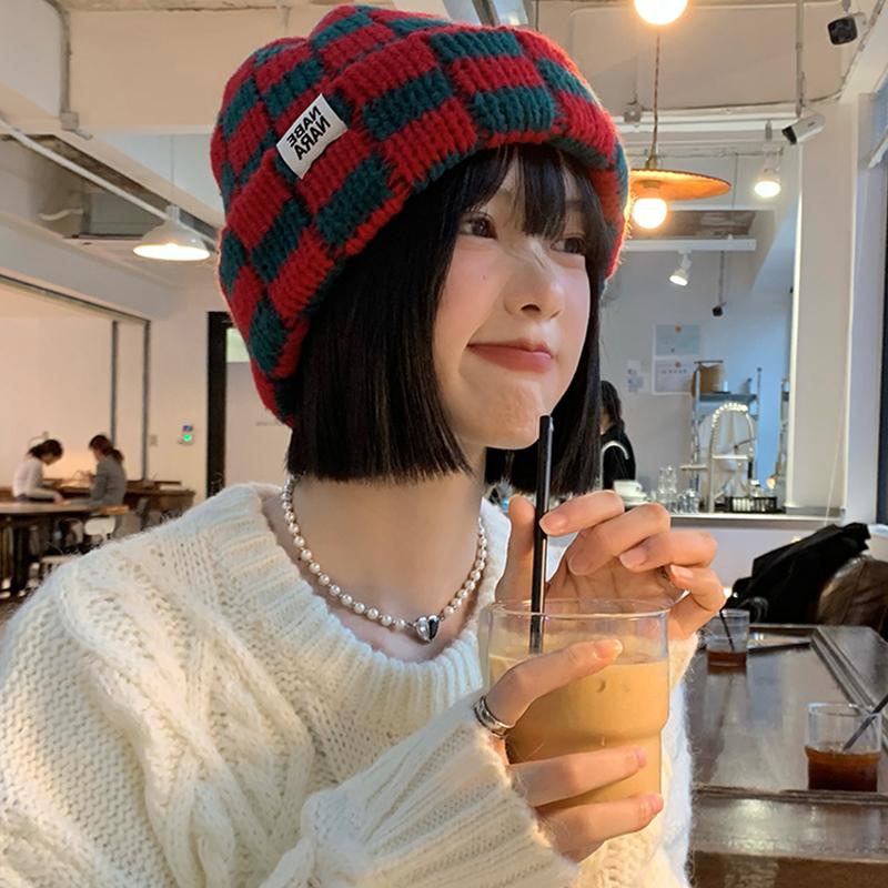 Checkerboard Plaid Knitted Hat For Women Autumn And Winter Korean Style Wool Hat Japanese Style Face-Enhancing Small Hat