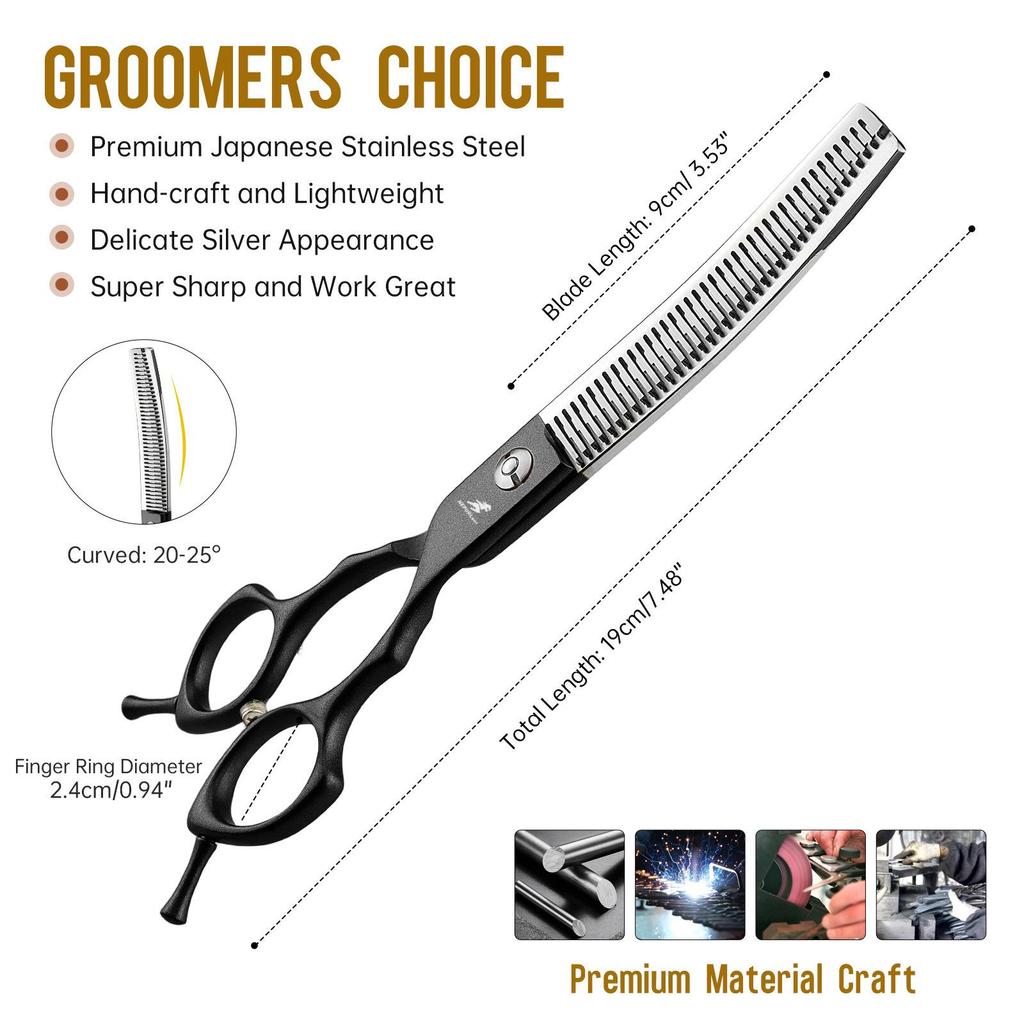 Meideng 6.5" Half-Black Curved Fishbone Pet Grooming Shears with Thinning Blade.