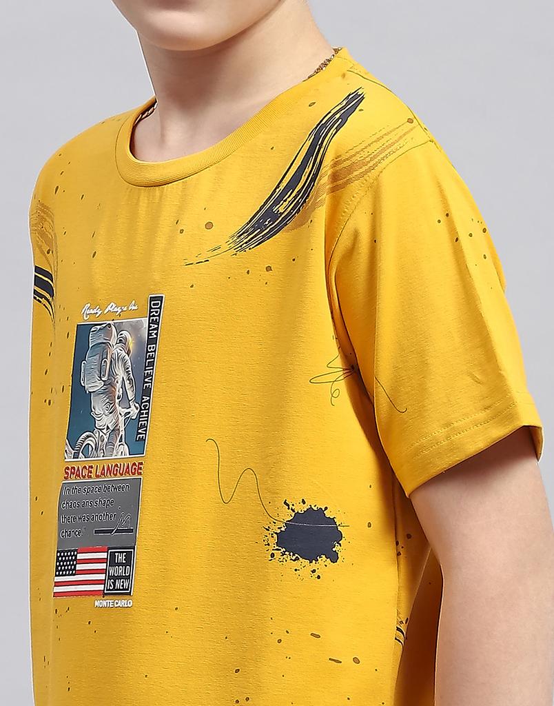 MONTE CARLO Boys Mustard Printed Round Neck Half Sleeve Regular Fit T-Shirt