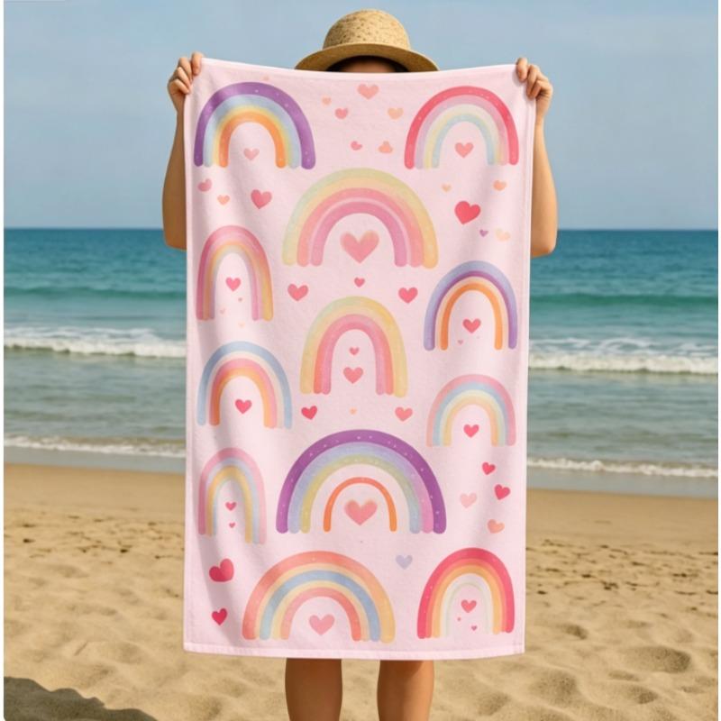 Boho Regenbogen Herz Strandtuch, Mikrofaser Sandfrei Schnelltrocknend, Süßer Liebesdruck, Weich Saugfähig für Kinder & Sommerurlaub