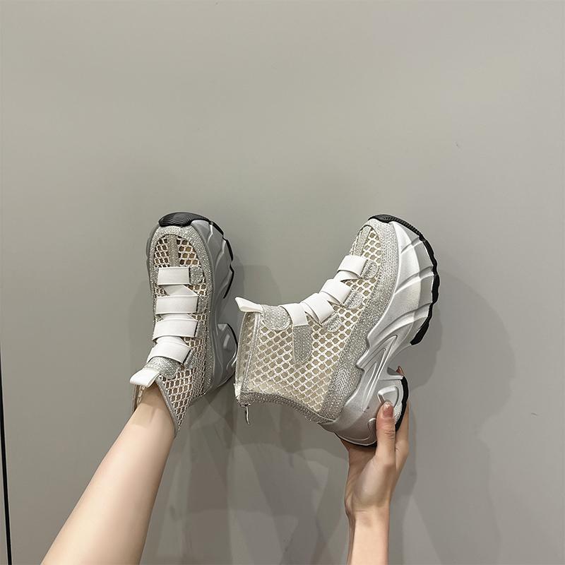 

Fujin 7 см джинсовые дышащие ботильоны из синтетического материала, летние ботинки на молнии, женская модная обувь, удобные сандалии 39