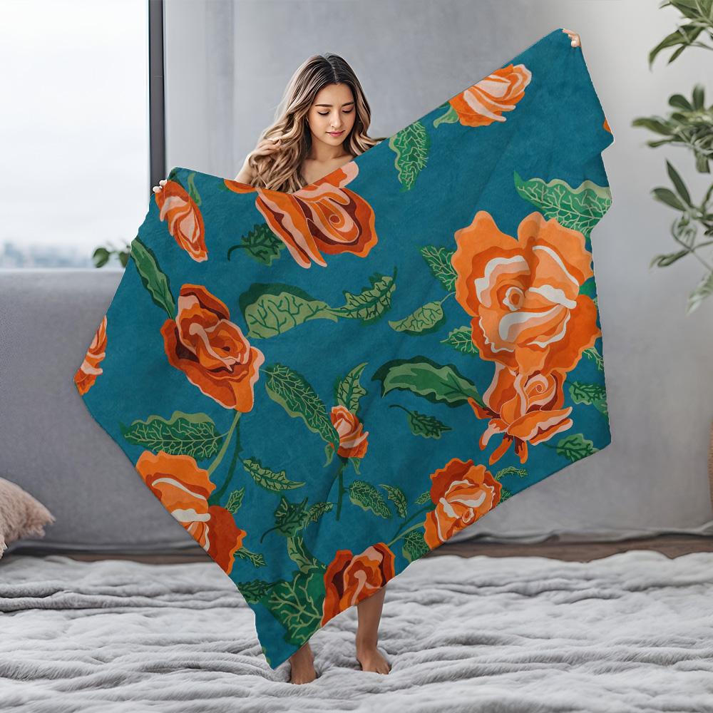 Plush Velvet Floral Blanket with Large Red Roses for Sofa Bed Living Room Bedroom Decoration Gift