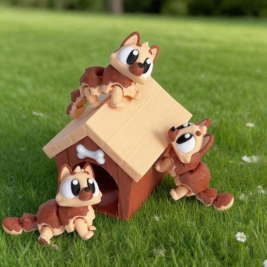 3D Printed Dog House Figurine Movable Joints Mini Puppy Figure Statue Stress Relief Fidget Toy Home Office Desktop Decoration