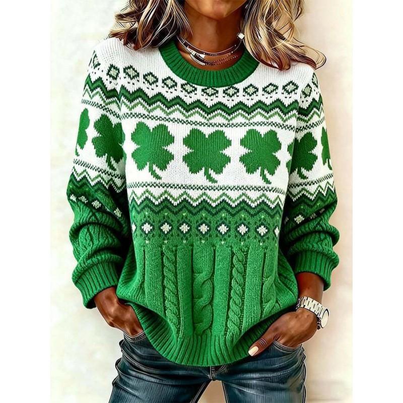 2026 Womens Oversized Knit-Style Crewneck Sweatshirt With 3D Clover Print Thick Warm Streetwear Top
