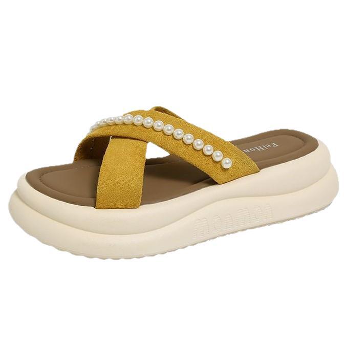 Thick-soled Cool Slippers Women's Shoes Summer Outer Wear Summer Pearl Leisure Beach One-word Drag