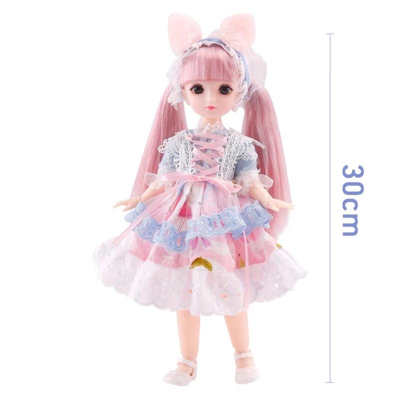 BJD Doll for Girls 30cm Anime Doll 23 Joint Movable Body with Skirt Hat Headdress Dress Up DIY Toy