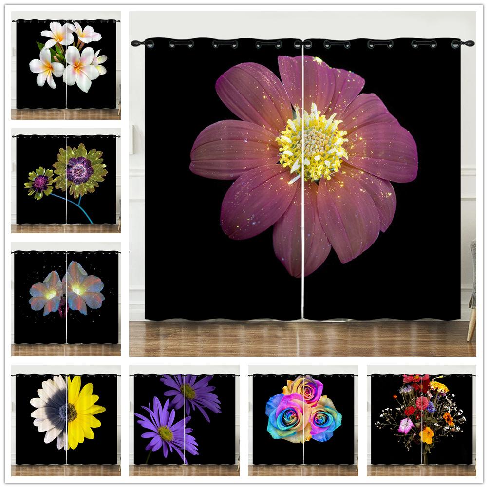Curtains Small Daisies Black Bouquet 3D Digital Printing Blackout Curtain Punching