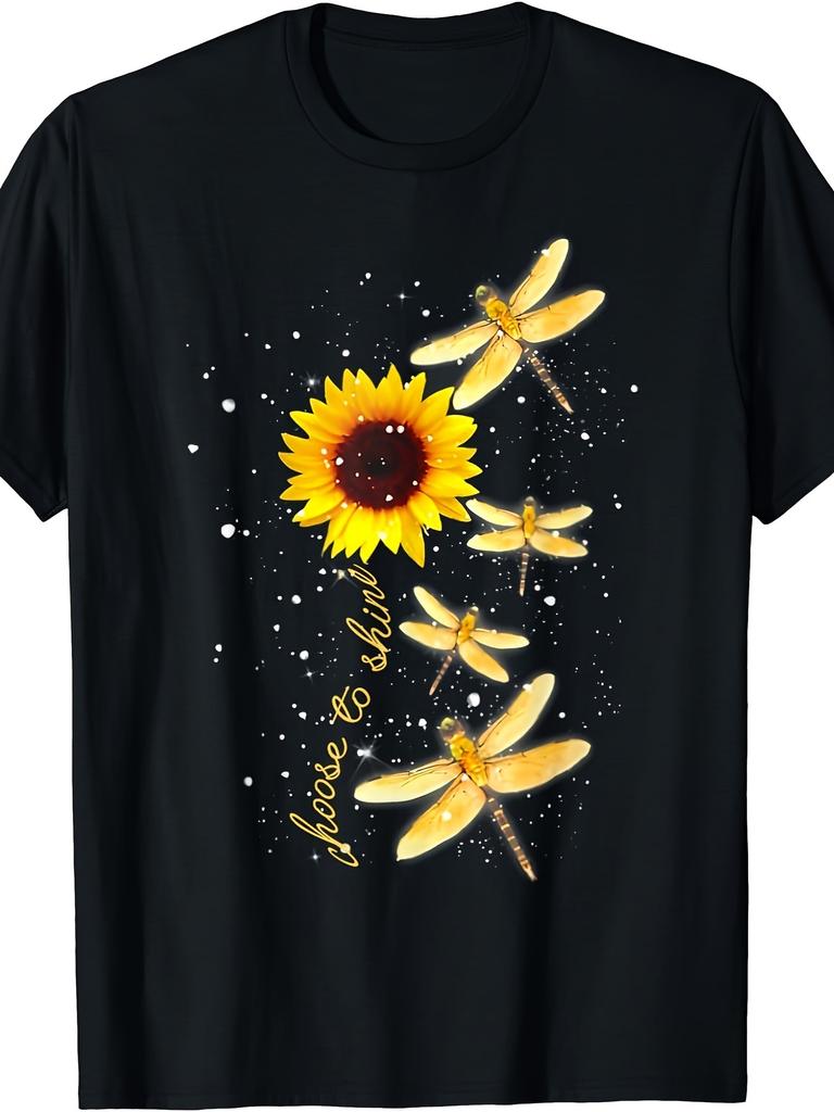 Sunflower Dragonfly Choose to Shine Graphic Mens Casual Cotton TShirt Breathable Short Sleeve Tee