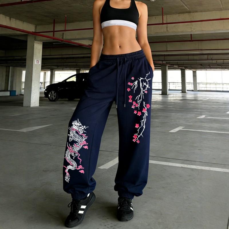 Mens Loose Fit Drawstring Waist Jogger Pants With Asymmetrical Plum Blossom Print Micro-Stretch Fleece-Lined Casual Trousers