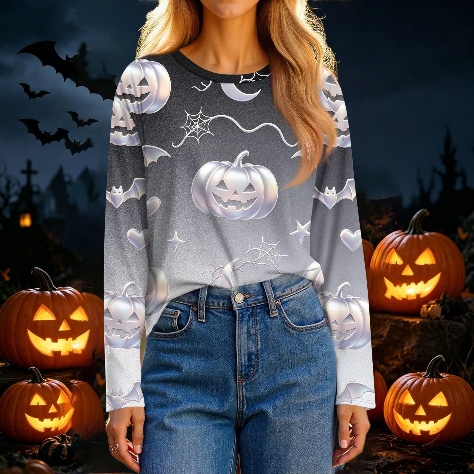 Women s Fashion Casual Long Sleeve Halloween Print Crewneck Top S