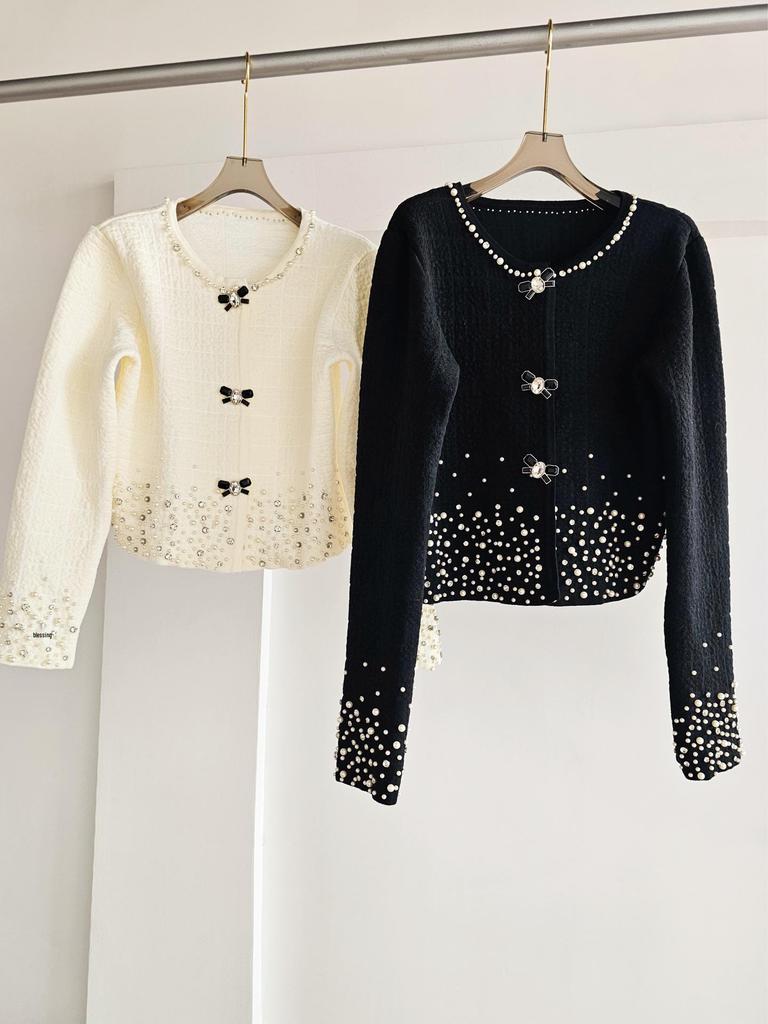 High-End French-Style White Knitted Cardigan with Bead and Rhinestone Detailing