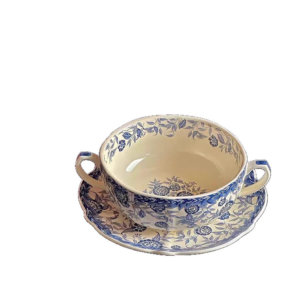 Orchidee Blau und Weiß Keramik Binaural Schalen Set, High-End Geschenke, Retro Haushaltschalen, Hochwertige Reisschalen, Knochenspuck-Schälchen
