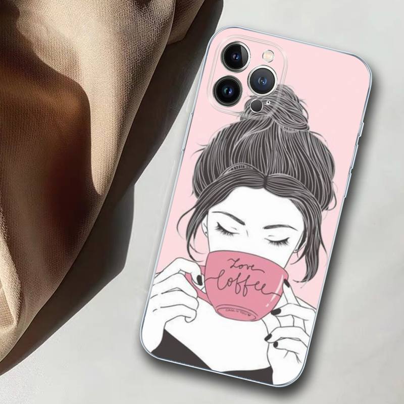 Kaffee und Mädchen Handyhülle Silikon Weich für iPhone 14 13 12 11 Pro Mini XS MAX 8 7 6 Plus X XS XR Hülle