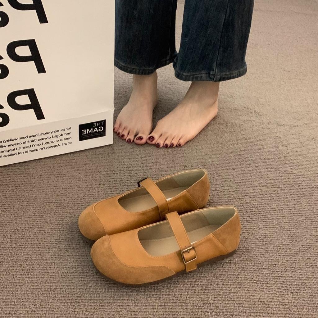 Soft leather version~ French milk camel round head matte ballet Boken shoes women wear soft-soled fairy Mary Jane single shoes