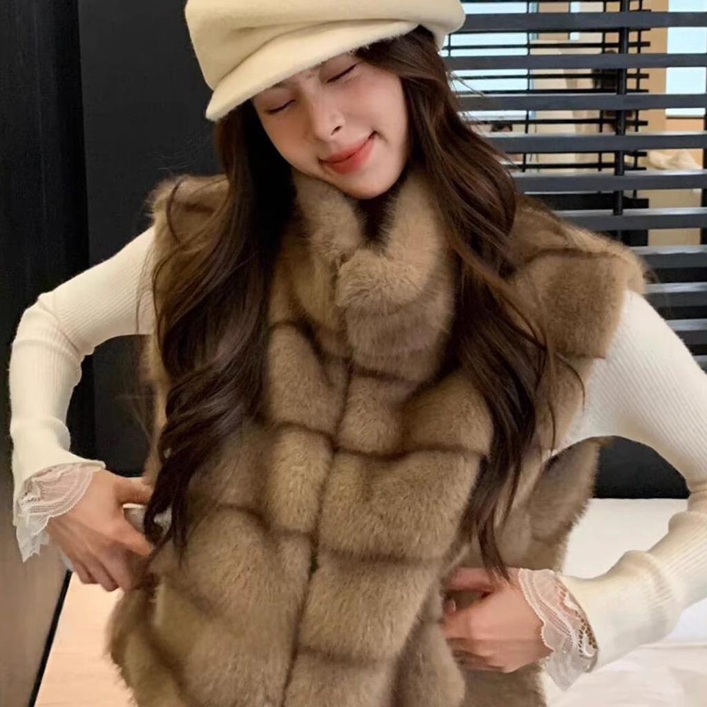 Stand-up Collar Fur Integrated Imitation Fur Short Vest Women's Winter Warm Sleeveless Mink Fleece Fur Jacket