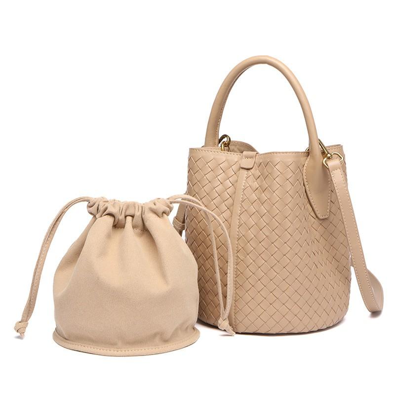 Womens Genuine Leather Woven Bucket Bag Handheld Crossbody Tote In Black Green Beige Mauve White