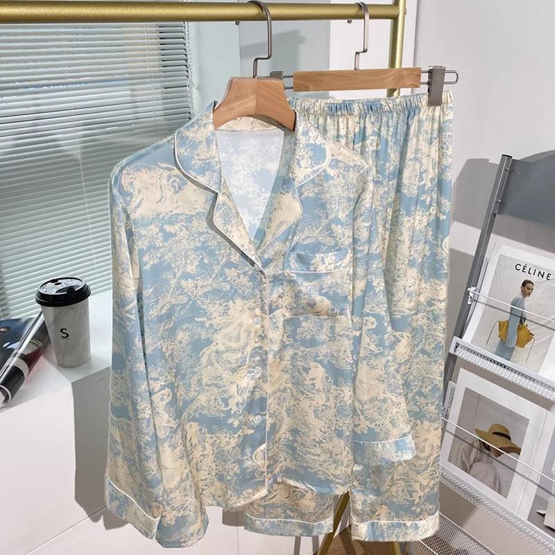 Summer High-End Green Fashion Lapel Pajamas Women'S Long-Sleeved Trousers Plant Flower Loungewear Set