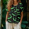 Women's Fashion Henley Neck Single Breasted Halloween Print Shirt Short Sleeve Casual Blouse Lightweight Button Down Top