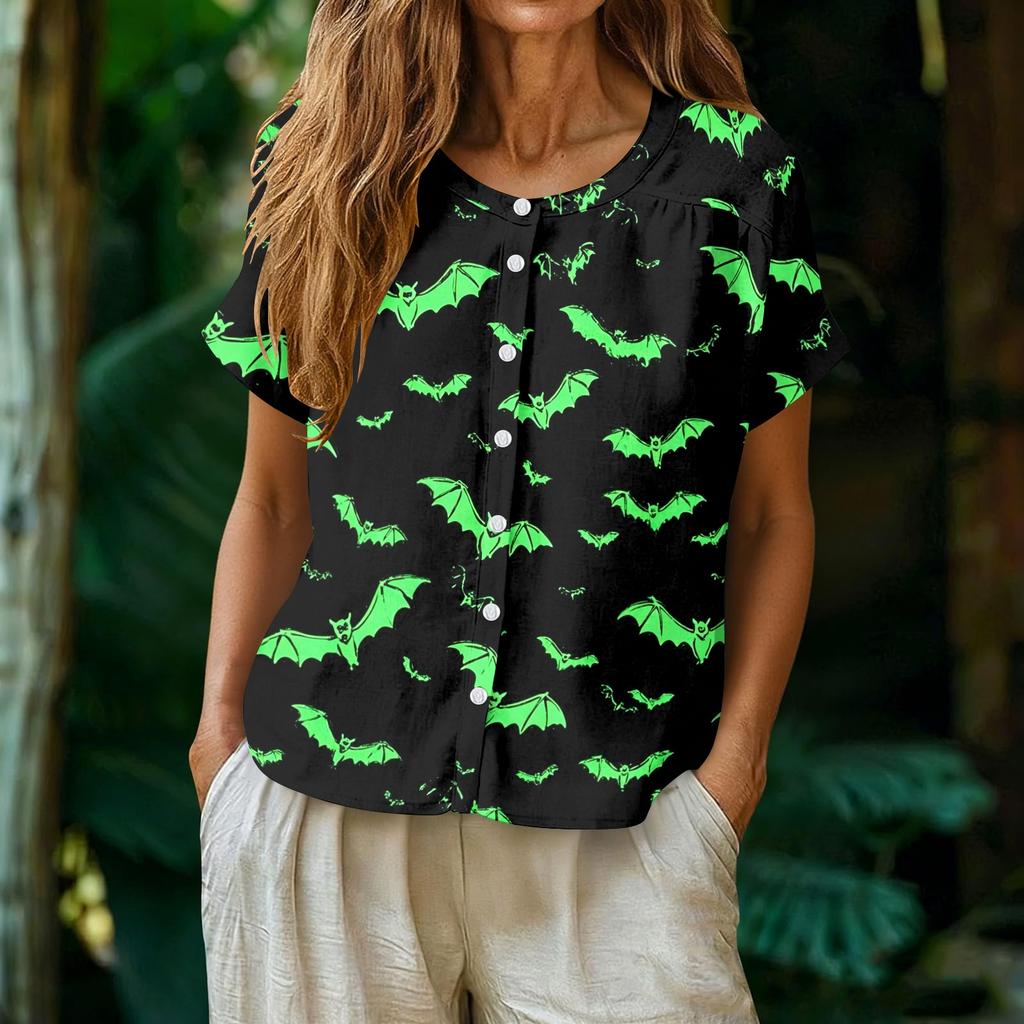 Women's Fashion Henley Neck Single Breasted Halloween Print Shirt Short Sleeve Casual Blouse Lightweight Button Down Top