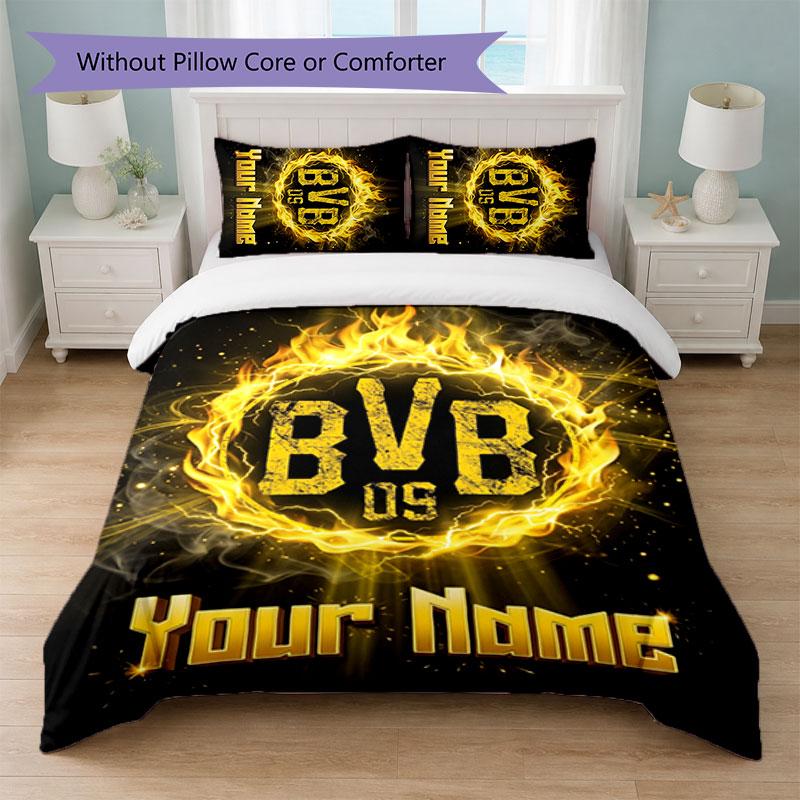 Borussia Dortmund Custom Name Text Bedding Set 1 Duvet Cover+2 Pillowcases Soccer Logo Personalized Gift For Special Occasion Bedroom Decor