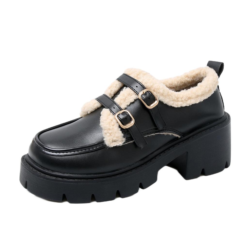 Women's thick soled large size thickened winter warm fur one snow boots padded lining ankle boots non-slip hiking sports shoes leather shoes Loafers