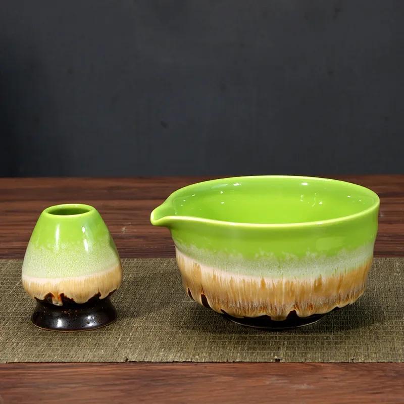 2Pcs Tea Bowl with Pouring Spout and Whisk Holder Matcha Ceramic Bowl for Tea Lovers Matcha Beginner Japanese Matcha Preparation