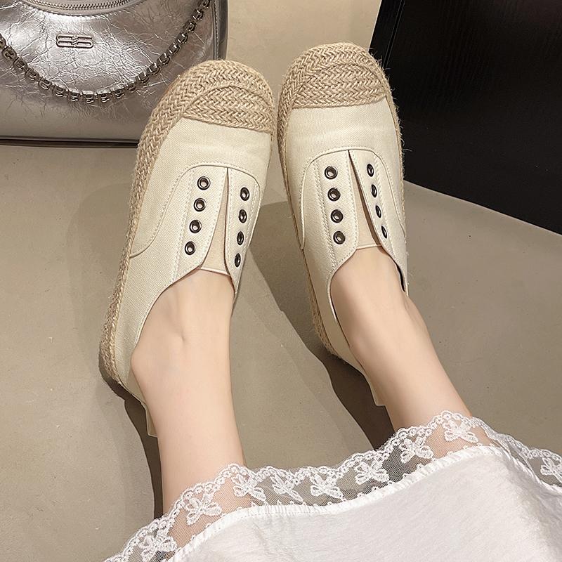 Aphixta Beige Espadrilles Splicing Flat With Shoes Metal Button Shallow Women Loafers Elastic Band Woman Casual Shoes