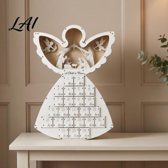 Advent Calendar for Candy Wooden Angel Christmas with 24 Storage Drawers Countdown Holiday to Tabletop Decoration Winter Party Favors LED Lighted