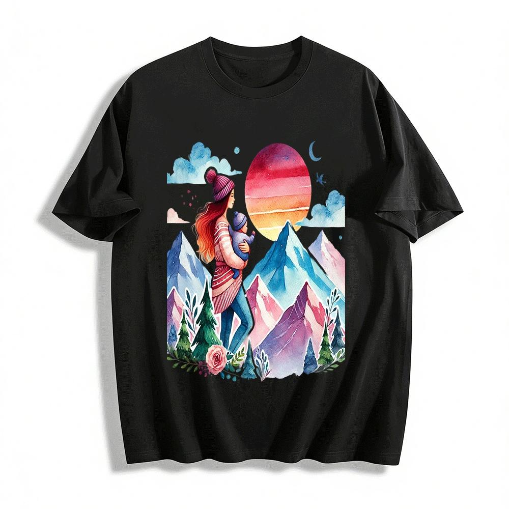 Warm Parent-Child Baby-Holding Snow Mountain Sunset Print Top Pure cotton T-shirt XXS