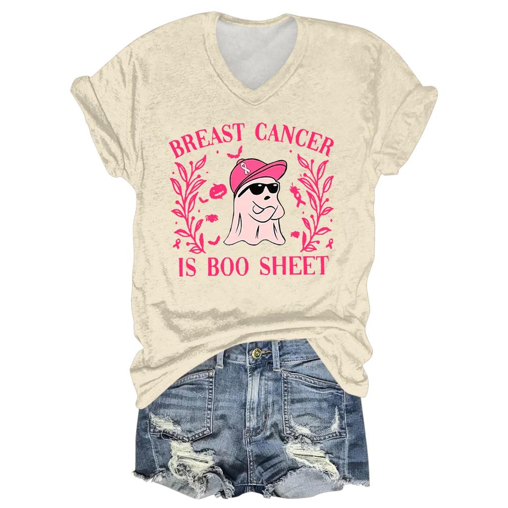 Ladies' Casual Halloween Printed V-Neck Short Sleeved T-Shirt