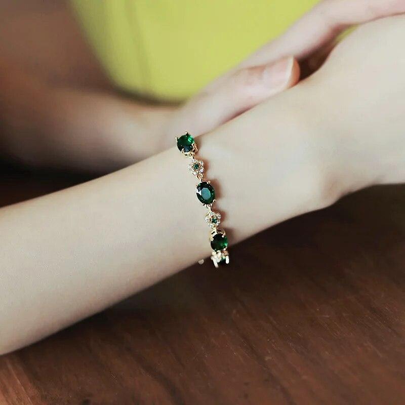 Luxury Green Rhinestone Crystal Bracelet Gold Color Link Chain Bracelets For Women Vintage Party Wedding Bridal Jewelry Gifts