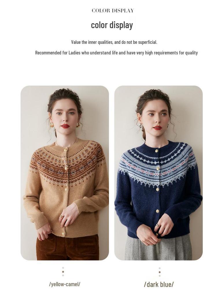 Women's Retro Fair Isle Cashmere Cardigan - Soft Long Sleeve Wool Sweater with Round Neck