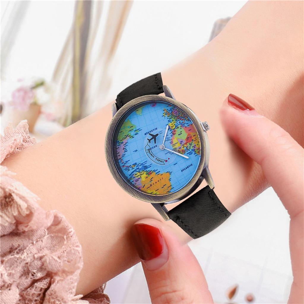 Mode Retro Gürtel Quarzuhr Flugzeug Sekunde Hand Karte Uhr Unisex