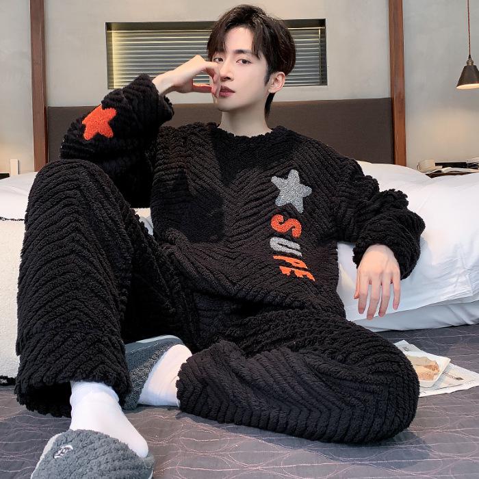 Men's Winter Coral Fleece Pajamas: Outdoor Wearable, Thickened Flannel, One-Piece Home Clothing