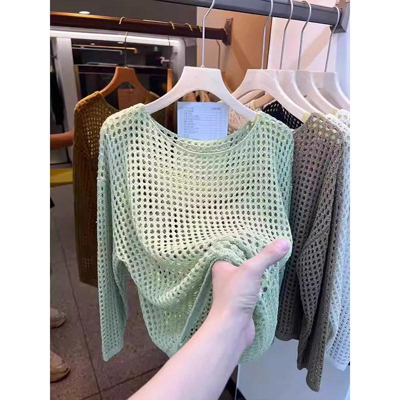 Mesh Vintage Harajuku Long Sleeve Women Sweater Korean Spring Summer Knitwear Soft Thin Tops Chic Solid Femme Sweater