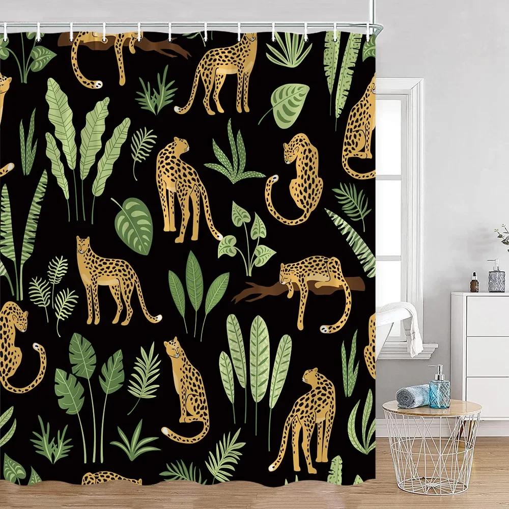 Tropisches Tier Duschvorhang Leopard Wildtier Flamingo Papagei Zebra Grüne Pflanze Palmenblatt Badezimmer Vorhang Dekoration