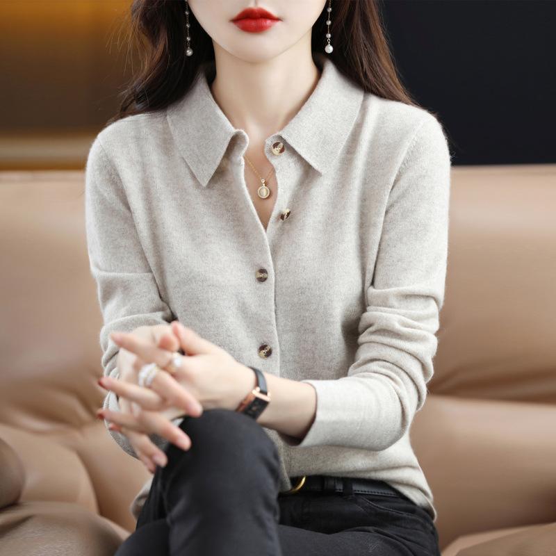 Four Seasons Sweater Cardigan Wool Blend Autumn and Winter Women's Loose Polo Lapel Tops Knitted Cardigan