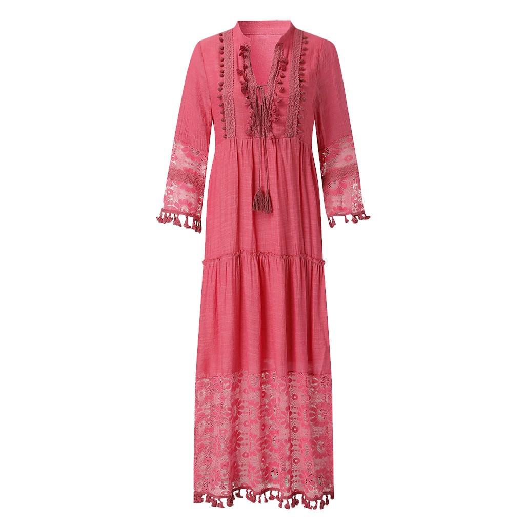 Fashion Casual Bohemian Large Size V-Neck Solid Color Lace Tassel Long Dress