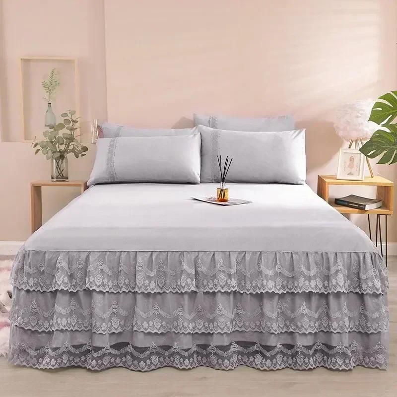 Luxury Lace Bed Skirt Summer Bedspread Solid Satin Rayon Bed Linen Couple Bedding Single Double Queen King Size Bed Sheet