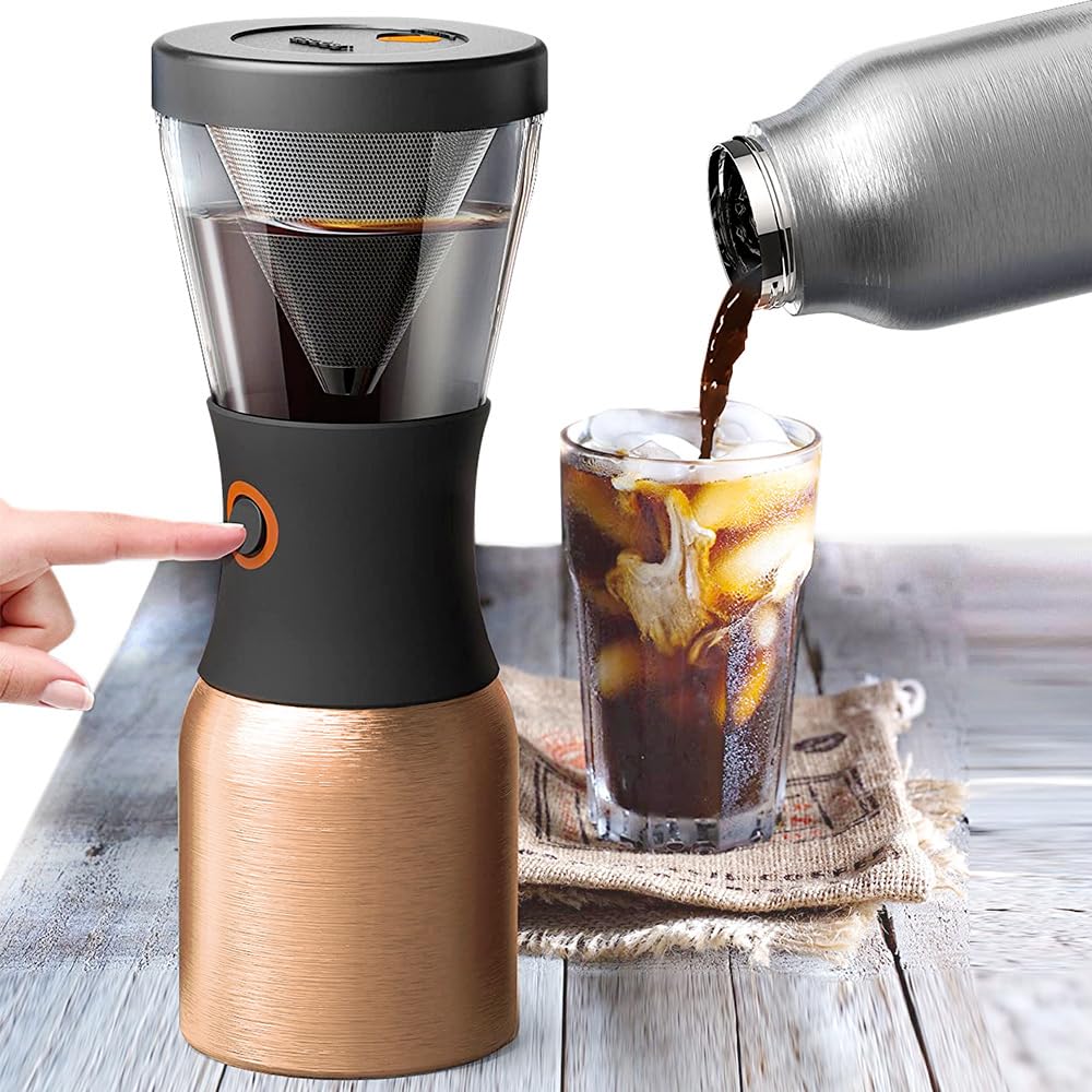 Asobu Cold Brew Coffee Bottle with Handle, Insulated, Keeps Cold or Hot Water Hot or Cold, Portable, Easy Button Operation, Storage, Color: Copper