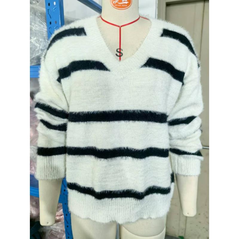 Vintage Gestreifter Farbkontrast Pullover Damen Übergröße Gestreift Locker Lässiger Stil V-Ausschnitt Pullover Strickpullover
