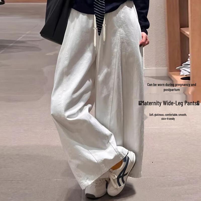2026 Maternity White Wide-Leg Scythe Pants - Korean Lazy Style Medium