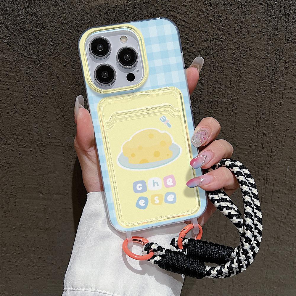Cute Cheese Card Slot Bag Holder Phone Case For iPhone 15 16 Pro 13 11 12 14 Pro Max XR XS X 7 8 Plus SE  Lanyard Soft Cover