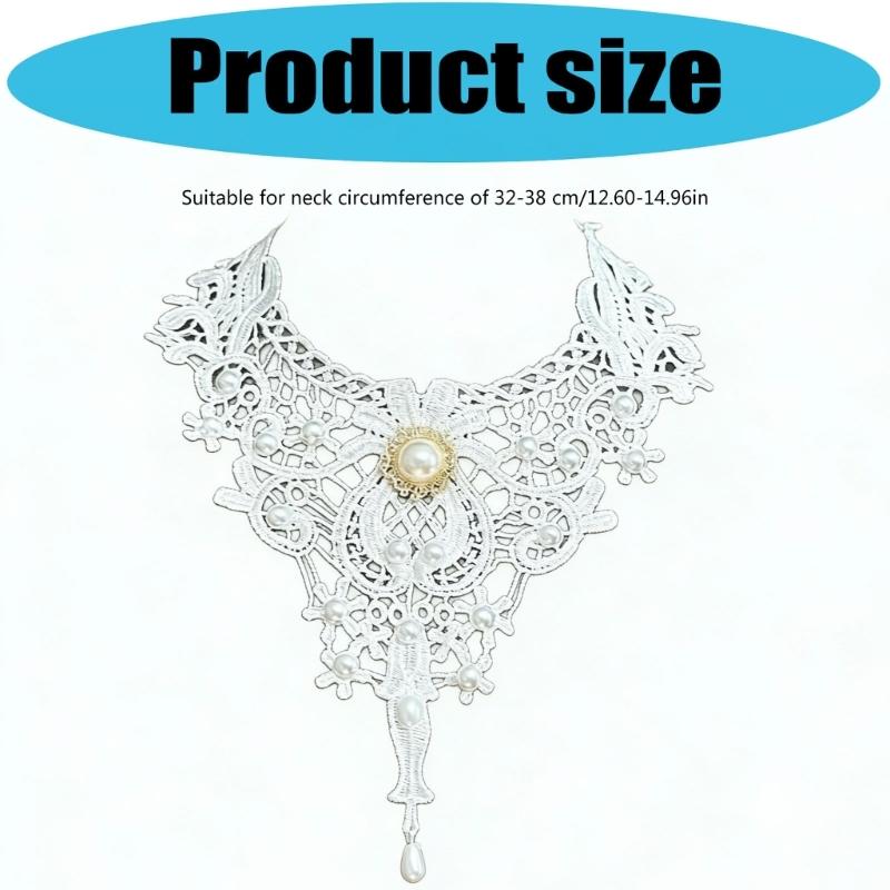 Adjustable Gothic Lace Collar for Women, Ornate White Neckwear with Gold-Tone Center Detail and a Long Drop Pendant for Halloween Cosplay